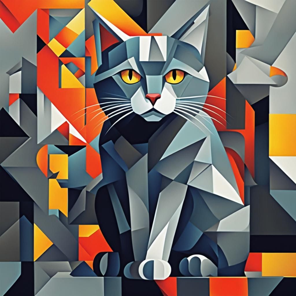 Gray Cat in Cubist Art Deco Style