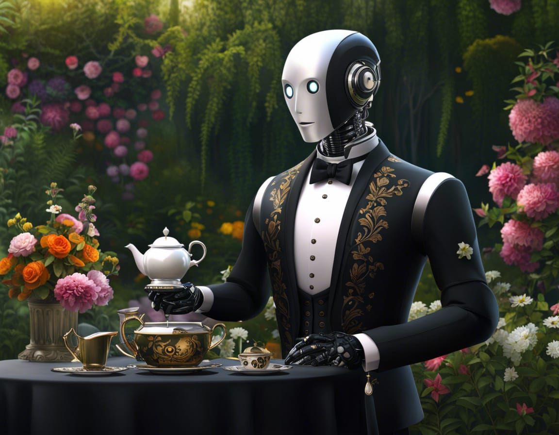 Victorian Robot Butler Serves Tea: Digital Illustration