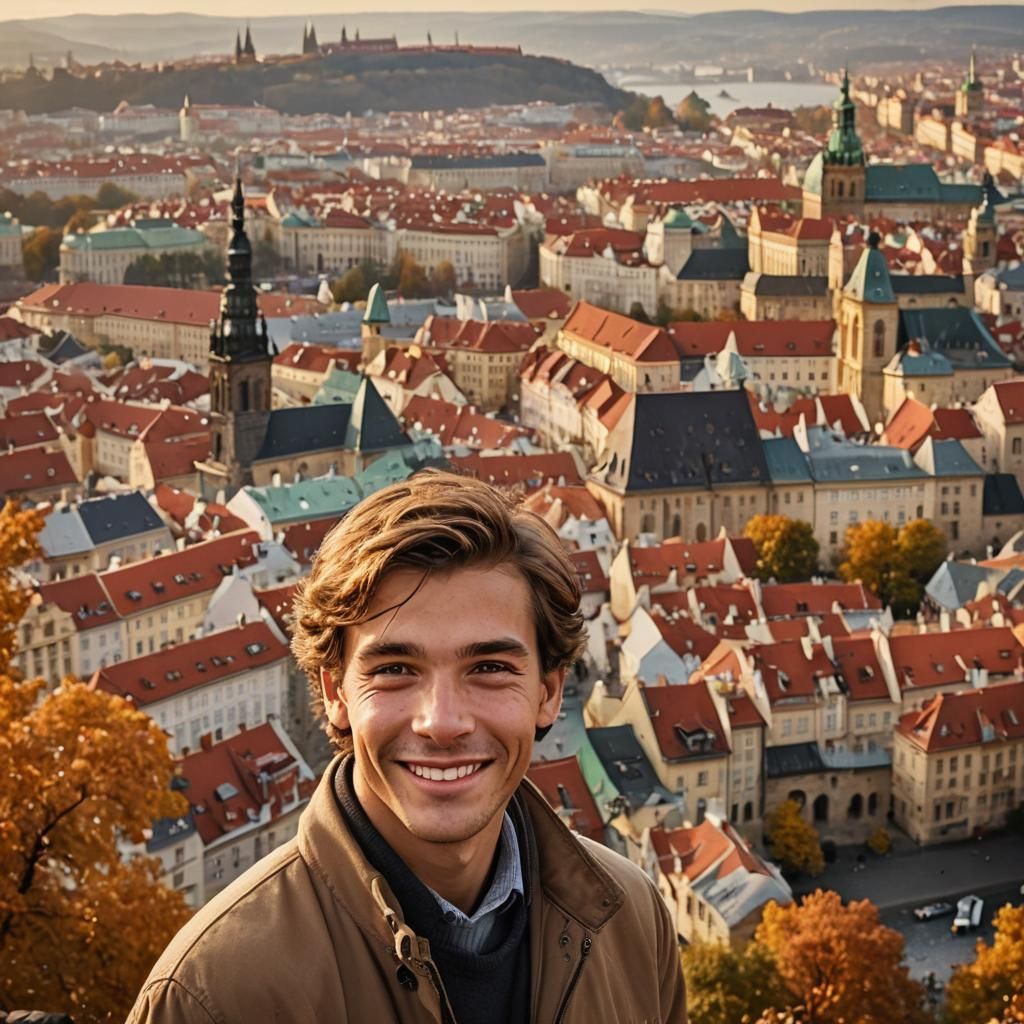 Smiling Man Overlooking Prague in Golden Hour