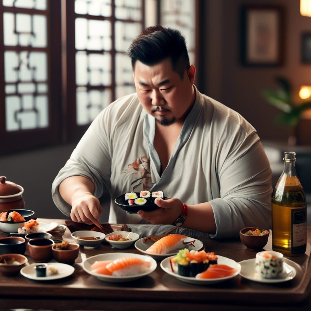 Hyperrealistic Chinese Businessman Enjoying Sushi
