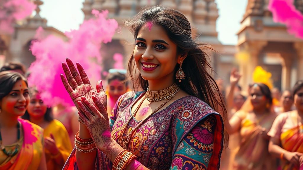 Stunning Indian Woman Celebrates Holi Festival in Vibrant Co...