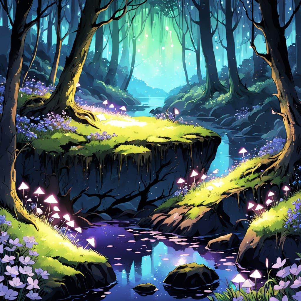 Serene Anime Forest with Fireflies and Purple Flowers