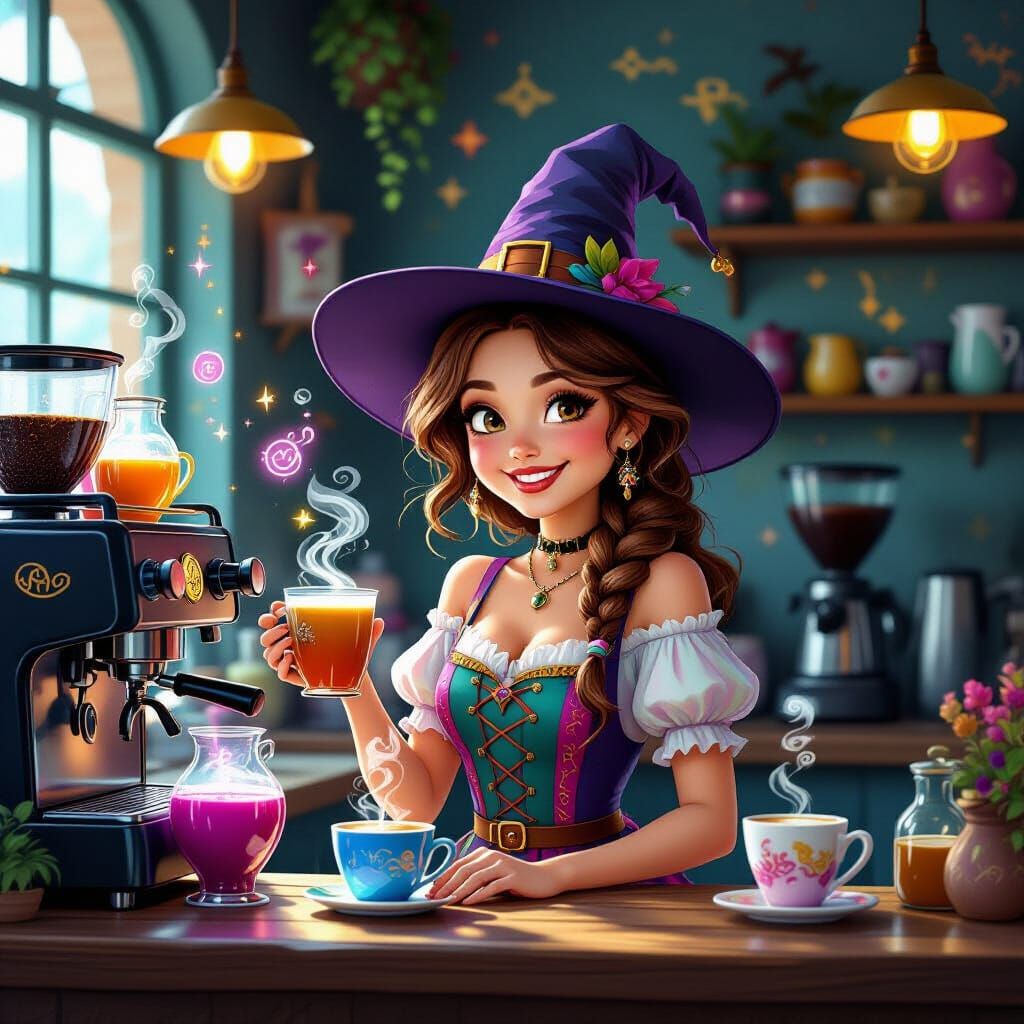 Whimsical Barista Brewing Potions in Fantasy Coffee Shop