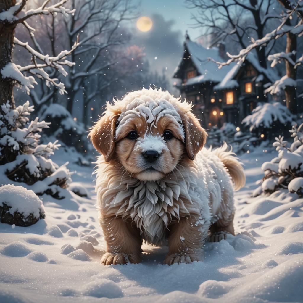 Snowy Puppy: Detailed Matte Painting in 8k