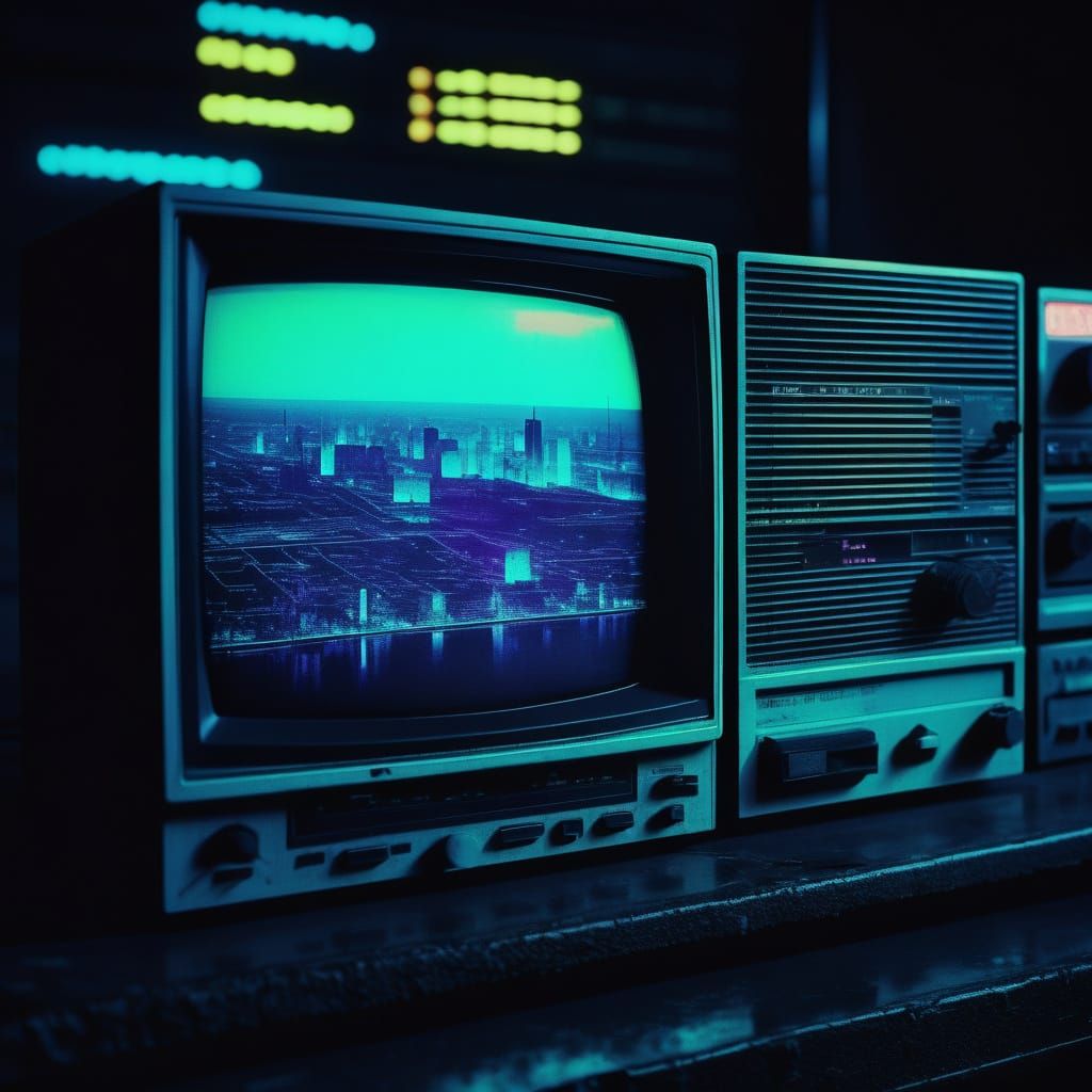 Glitchy Retro-Futuristic Cityscape in Distressed Analog Text...