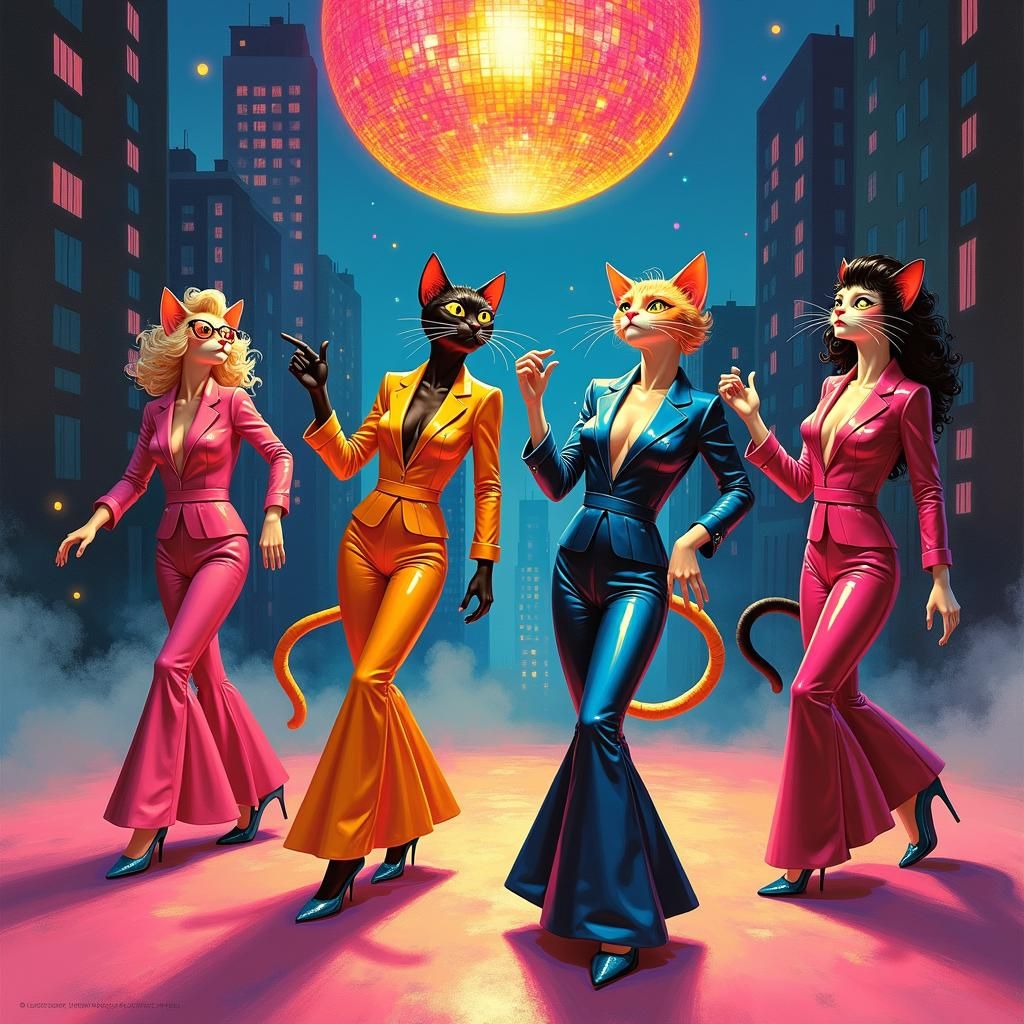 Disco Cats in Retro-Futuristic Pop Art Style