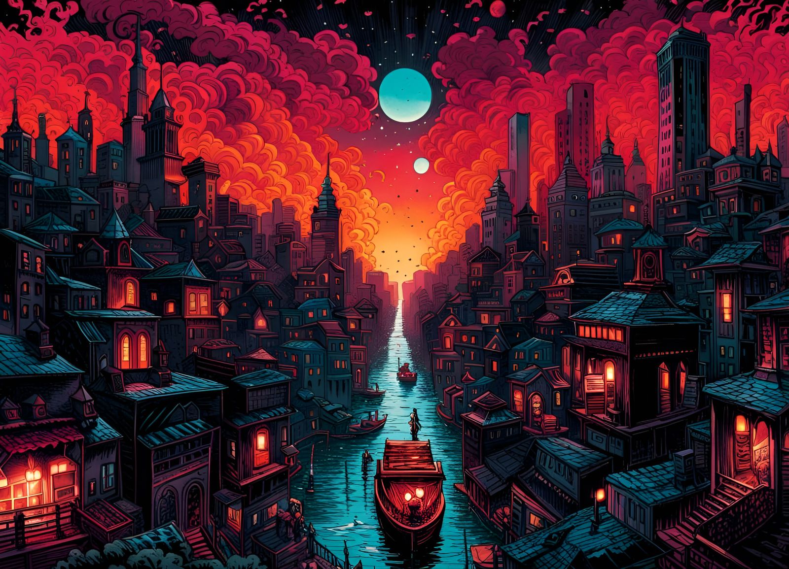 Crimson and Onyx Cityscape in Comic Book Style