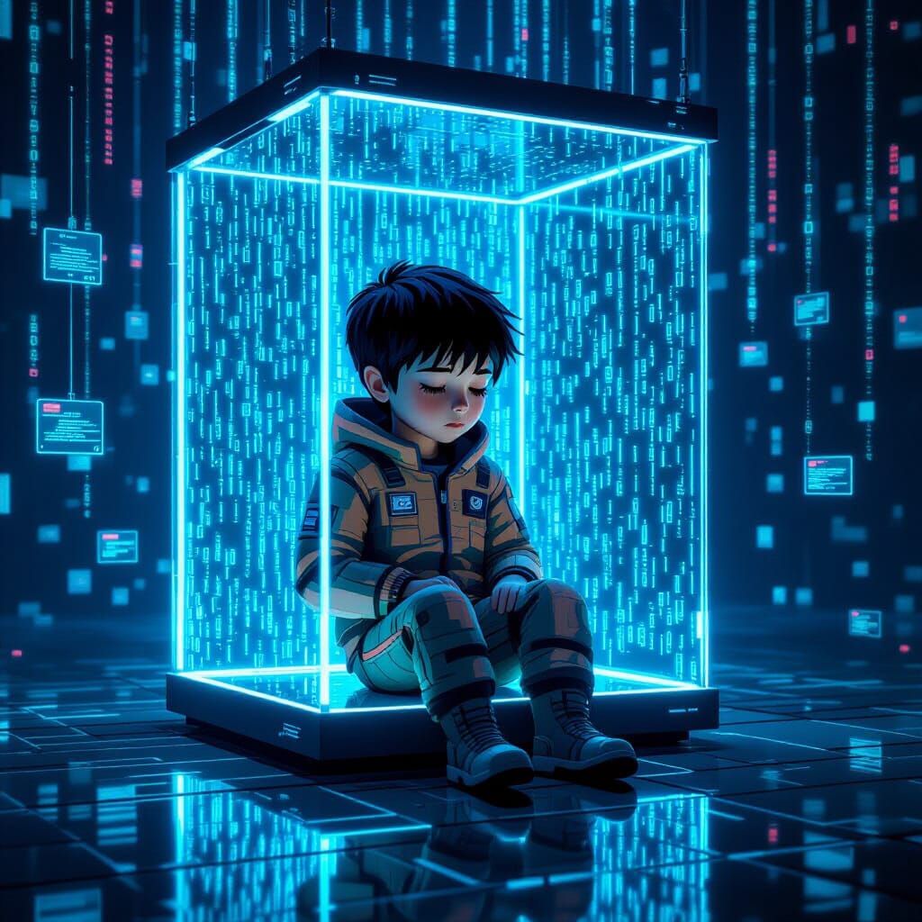 Pixelated Boy in Digital Prison, Cyberpunk Style