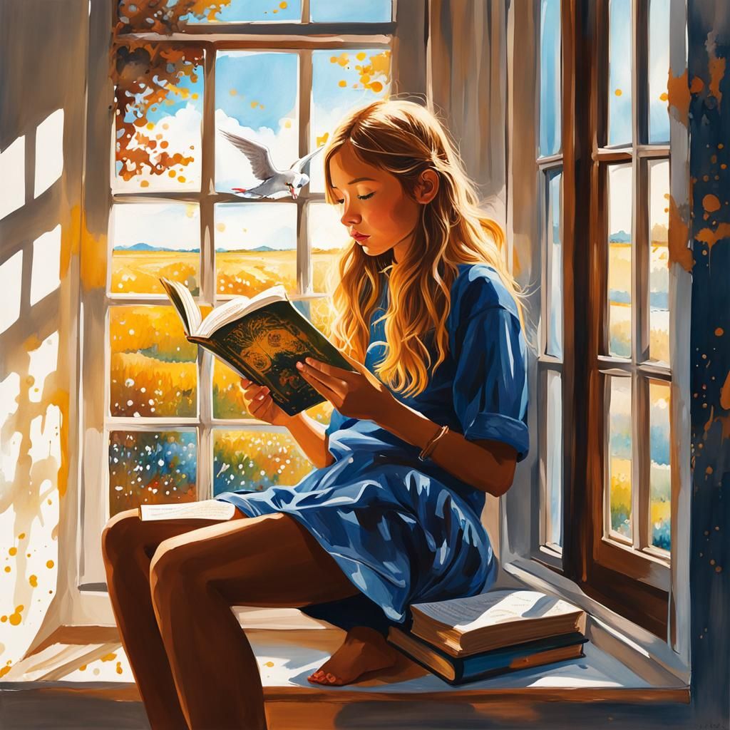 Girl Reading Book in Window: Semi-Realism Ink Art