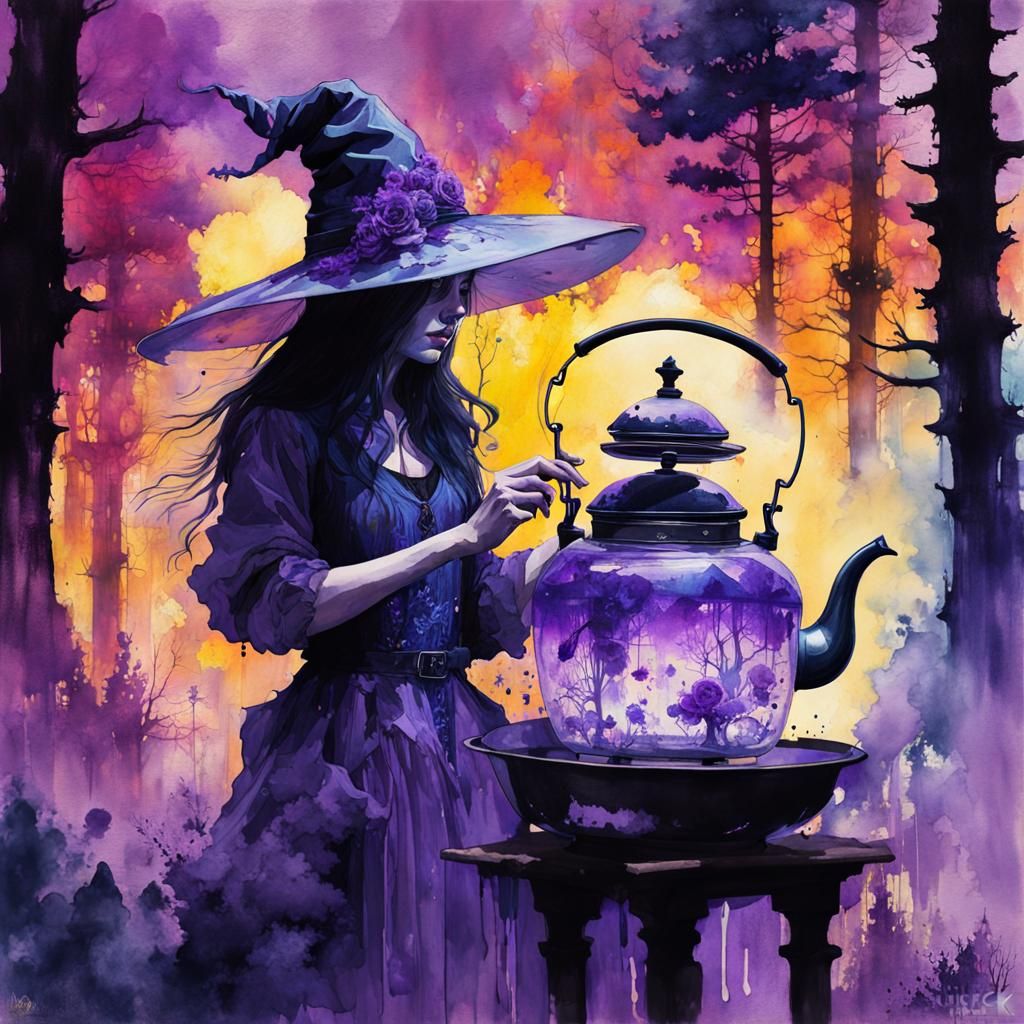 Beautiful Witch Portrait with Magic Kettle in Watercolour