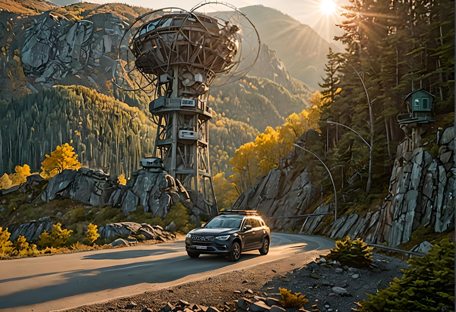 Forest Car Approaches Rocky Control Tower