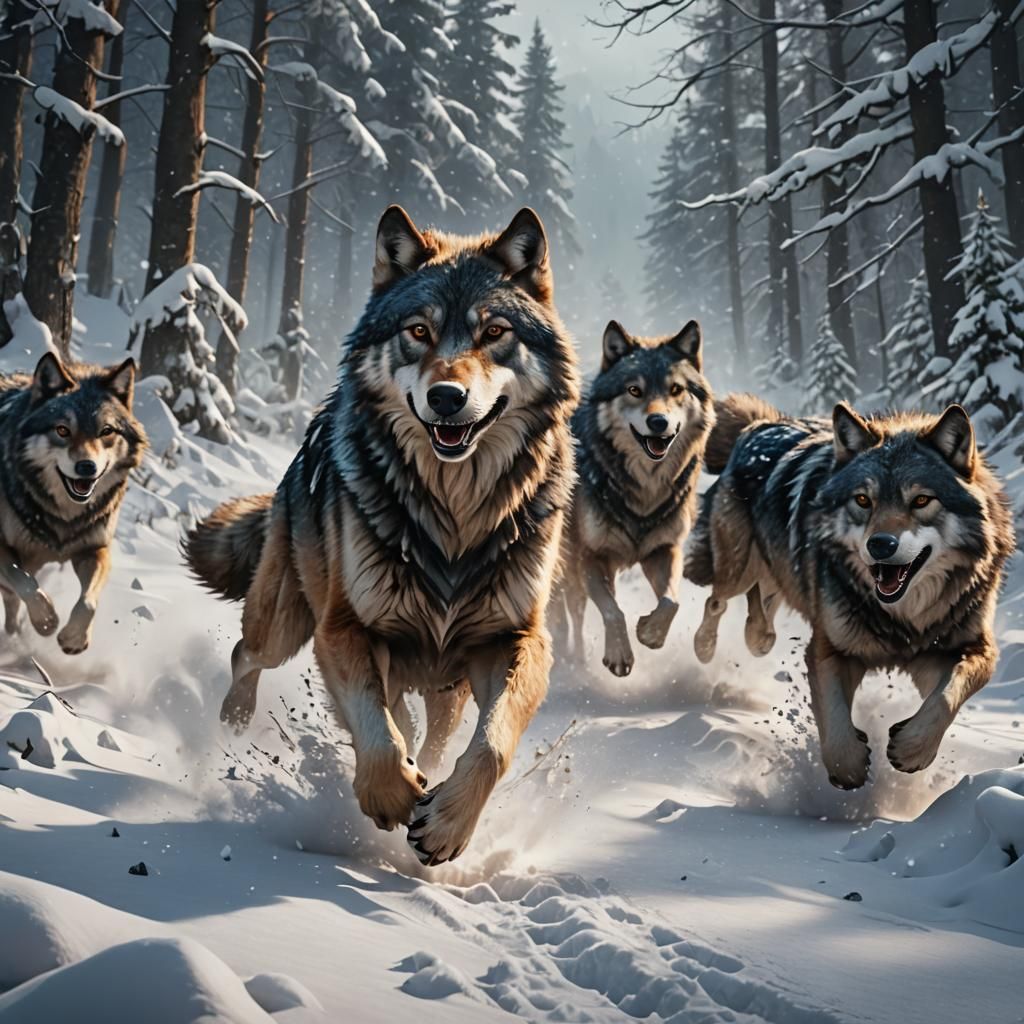 Happy Wolves Running Through Snow in Matte Painting Style