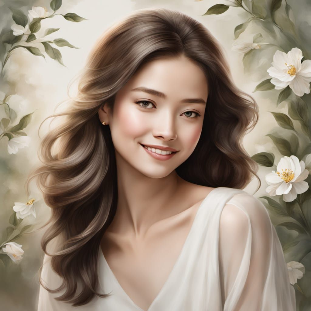 Elegant Woman Radiates Timeless Charm in Soothing Landscape
