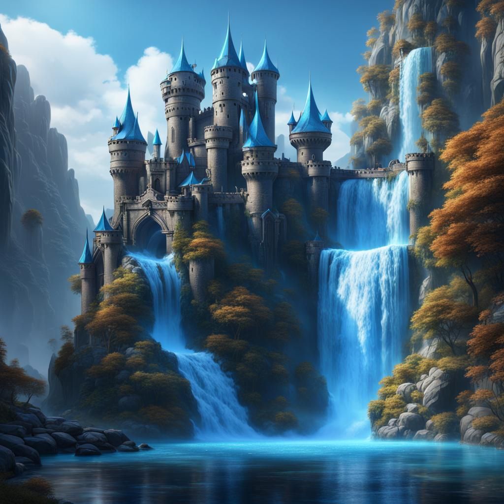 Water Castle with Blue Waterfalls, Fantasy Concept Art