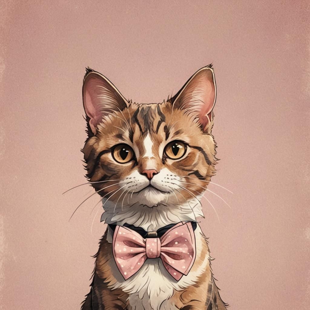 Cute Cartoon Cat with Rose Bow Tie Portrait