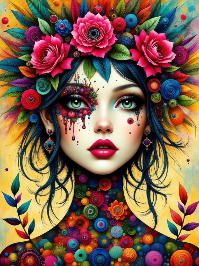 Colorful Surreal Sadcore Woman in Mixed Media