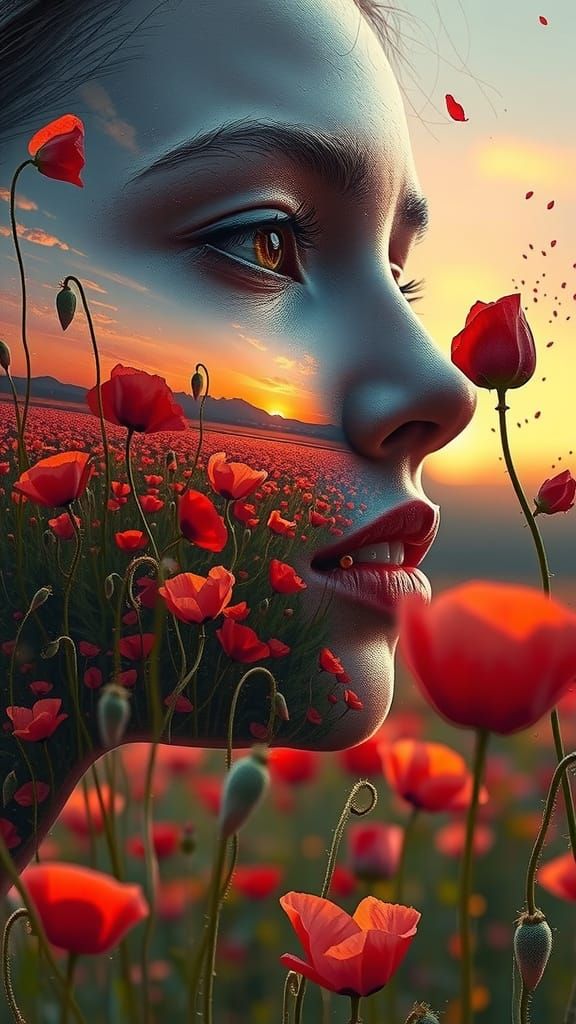 Poppy Field Woman: Surreal Dreamlike Scene