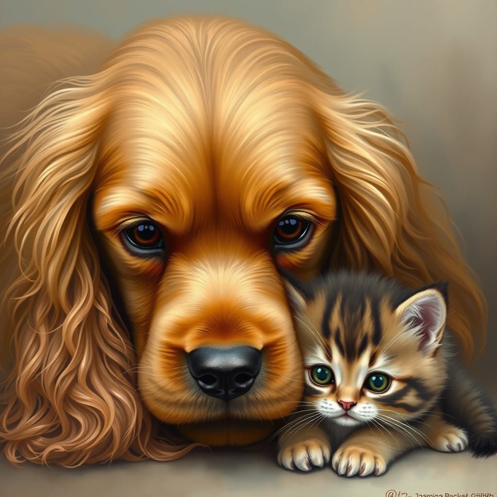 Spaniel Protecting Kitten