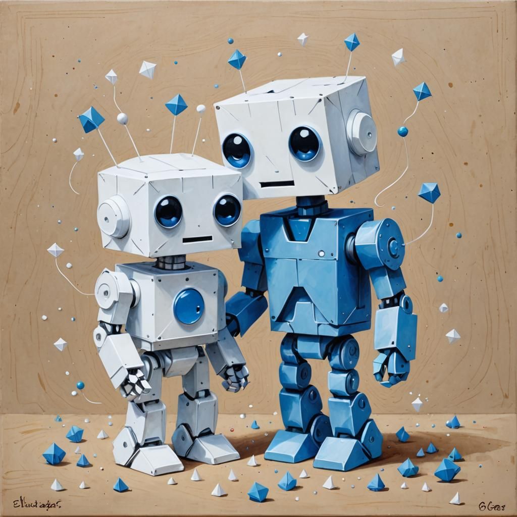 Joyful Robots: Whimsical Painting of Blue and White Figures