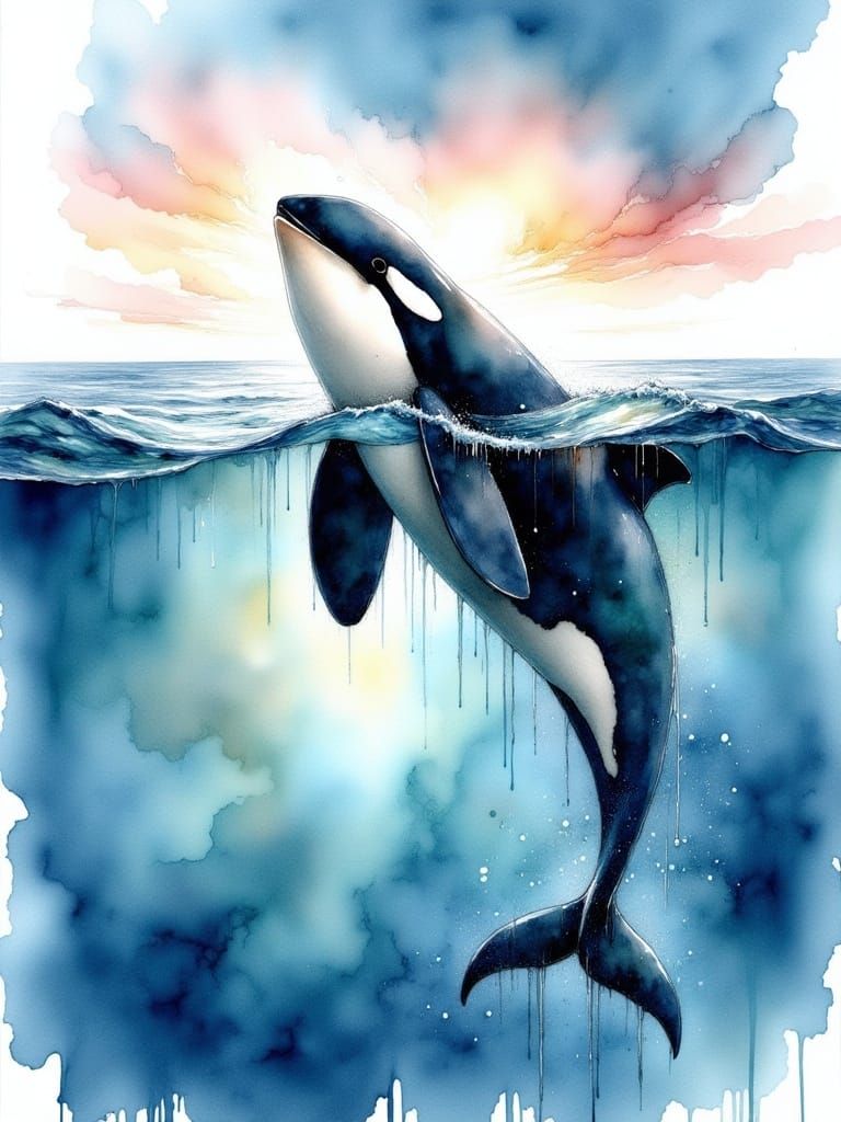 Orca Rising from Ocean Depths in Watercolor Style