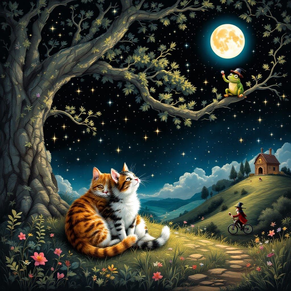 Whimsical Nightscape in Ancient Rome with Cats and Wizard