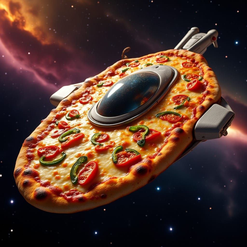 Pizza Spaceship Soaring Through Space