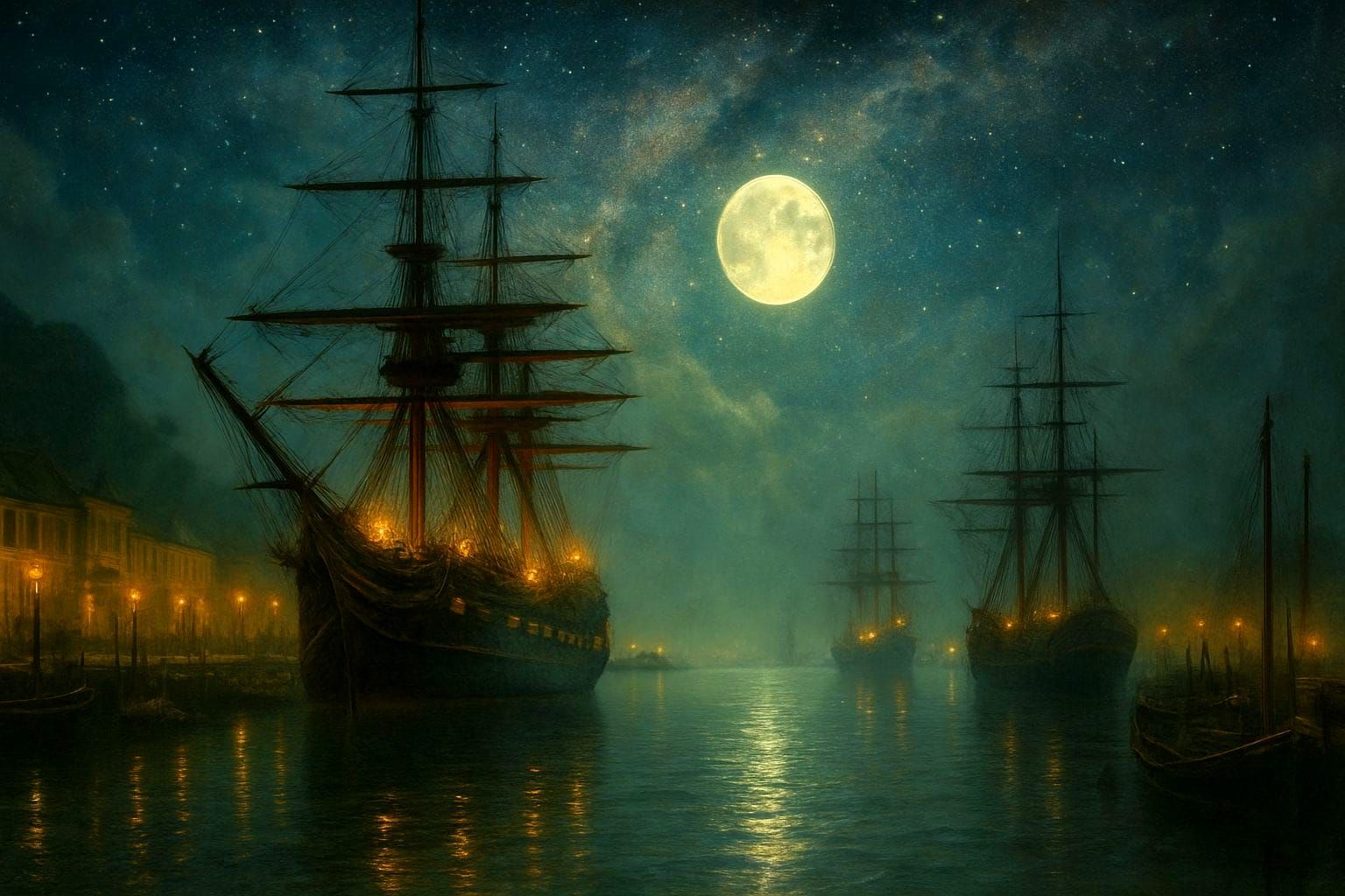 Fantasy Ships in Foggy Harbor Under Milky Way Sky