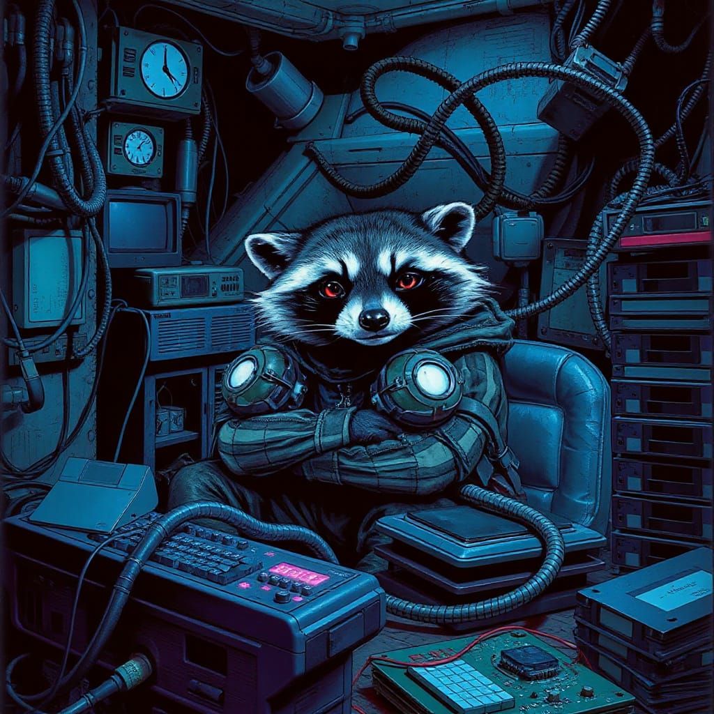 Cyberpunk Raccoon Hacker in Underground Bunker