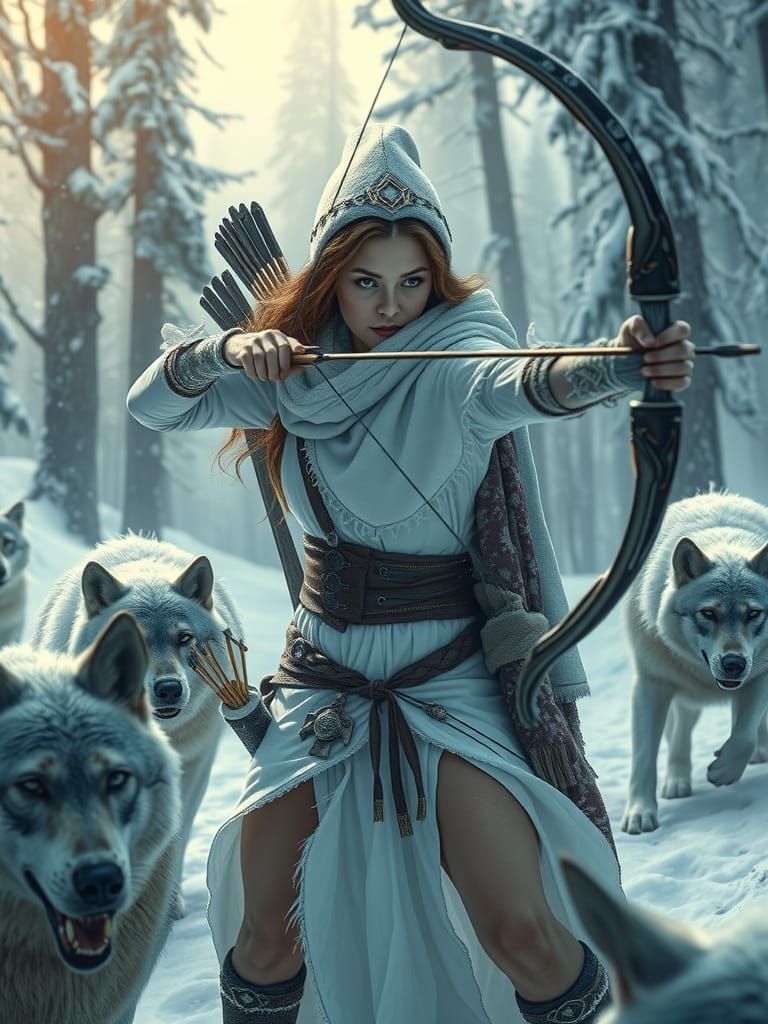 Warrior Woman Defending Against Wolves in Winter Forest