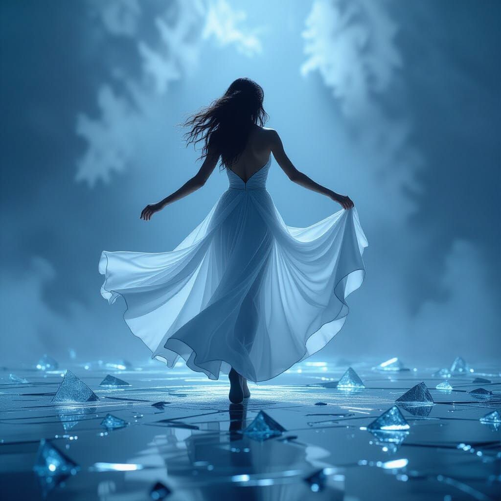 Graceful Dancer on Glass Shards in Hazy Light