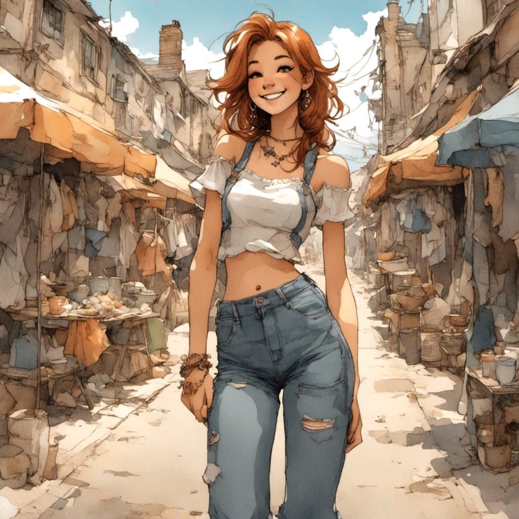 Fox-girl VIXEN wearing bell bottom jeans, smiling big