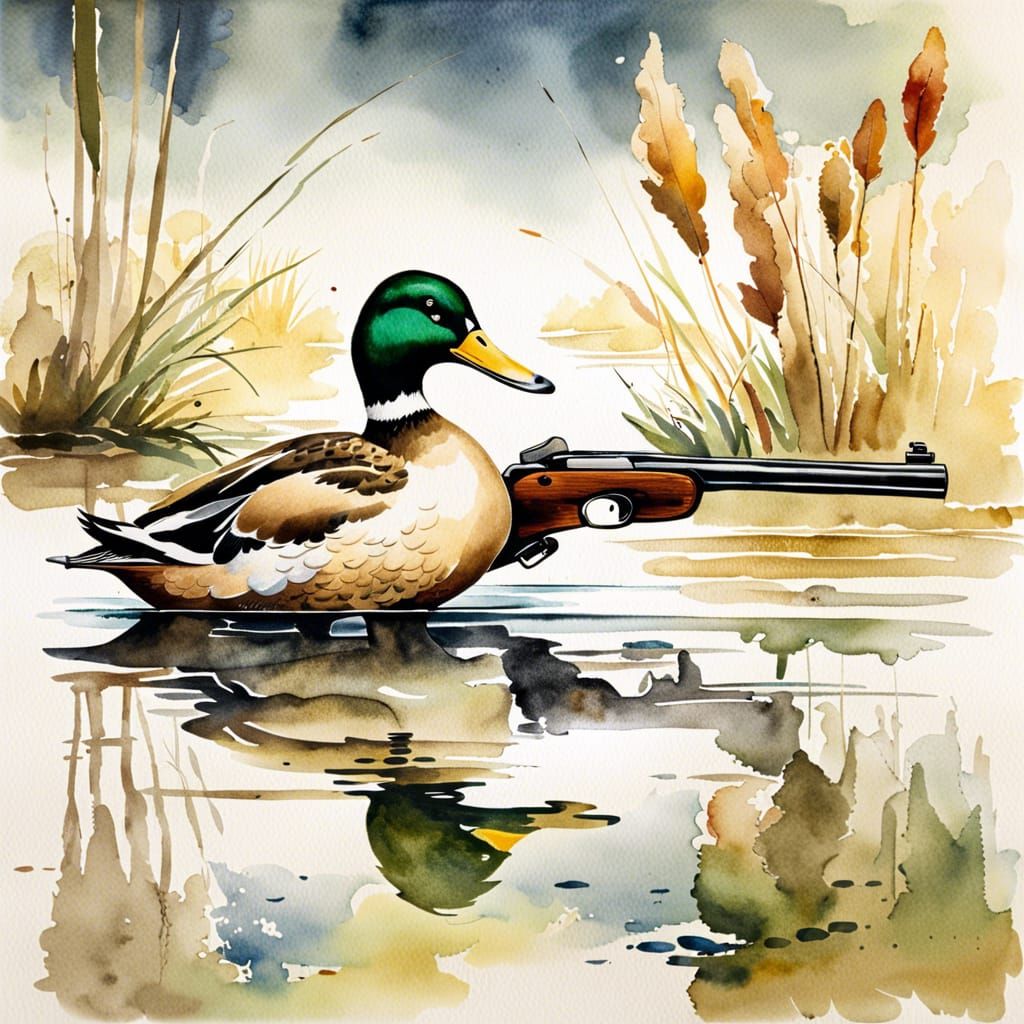 Duck on Rifle: Ink and Watercolor Painting