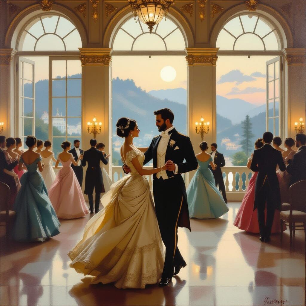Elegant Ballroom Scene in British Raj Era, Painting Style