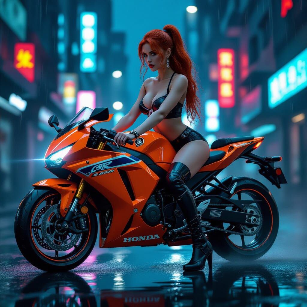 Cyberpunk Woman Rides Neon Motorcycle in Rainy City