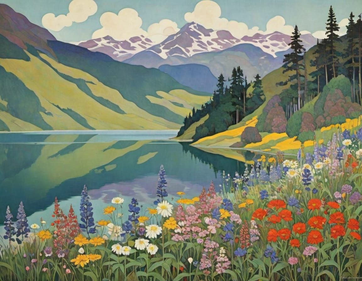 Wildflowers by Mountain Lake in Art Nouveau Style