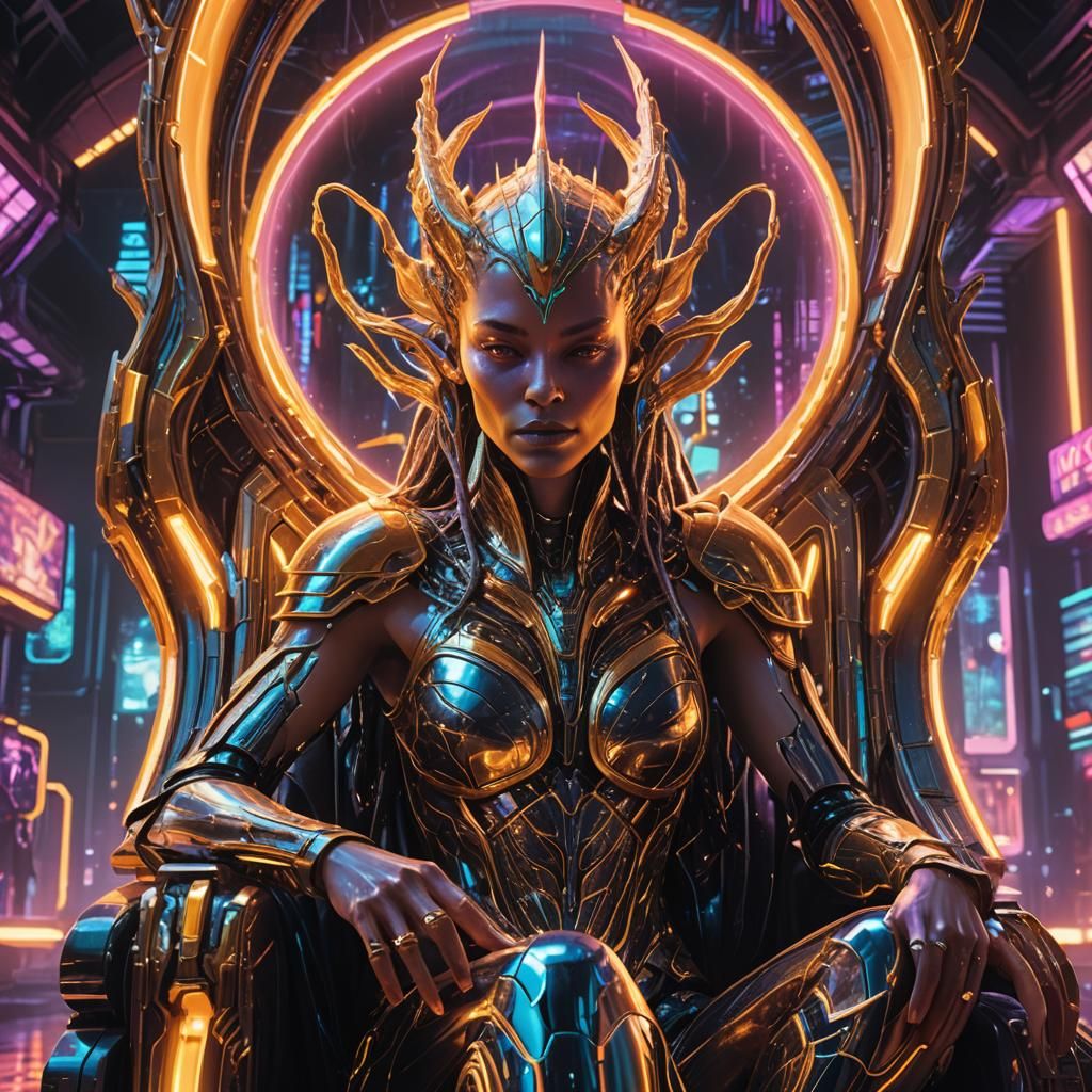 Noble Alien Queen in Neon-Lit Throne Room