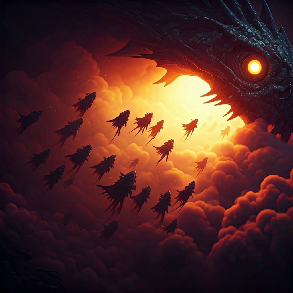 Dark Fantasy Creatures Pursued by a Finned Predator in a Red...