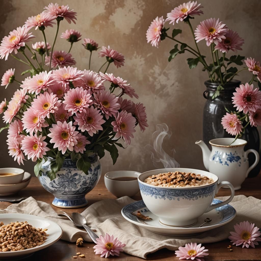Pink Chrysanthemums Still Life in Hyperrealistic Style