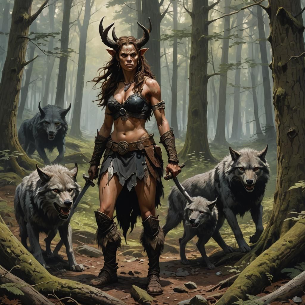 Satyr Warrior and Wolf in Sinister Forest