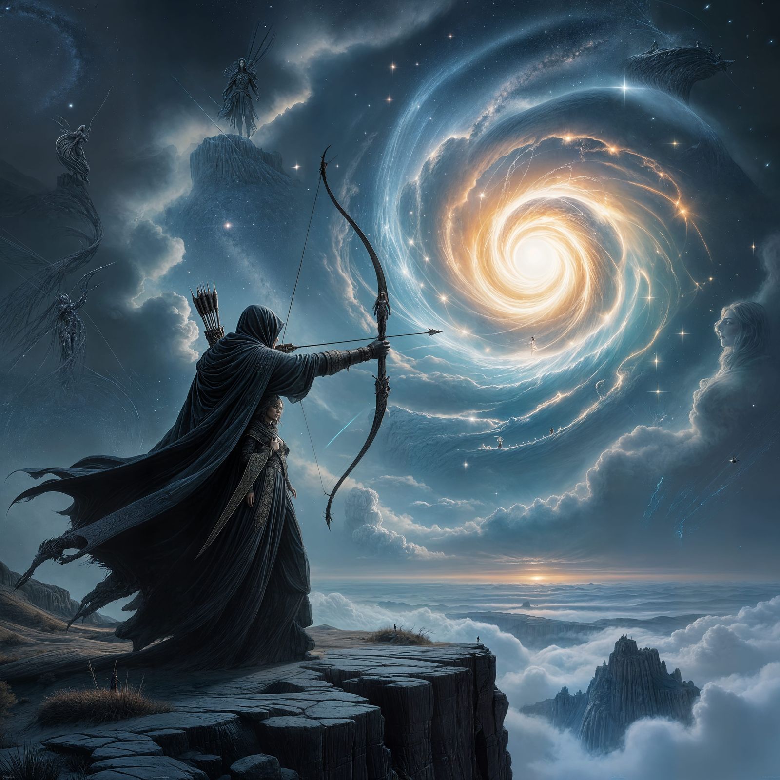 Gothic Archer Confronts Star Vortex in Ancient Codex Style