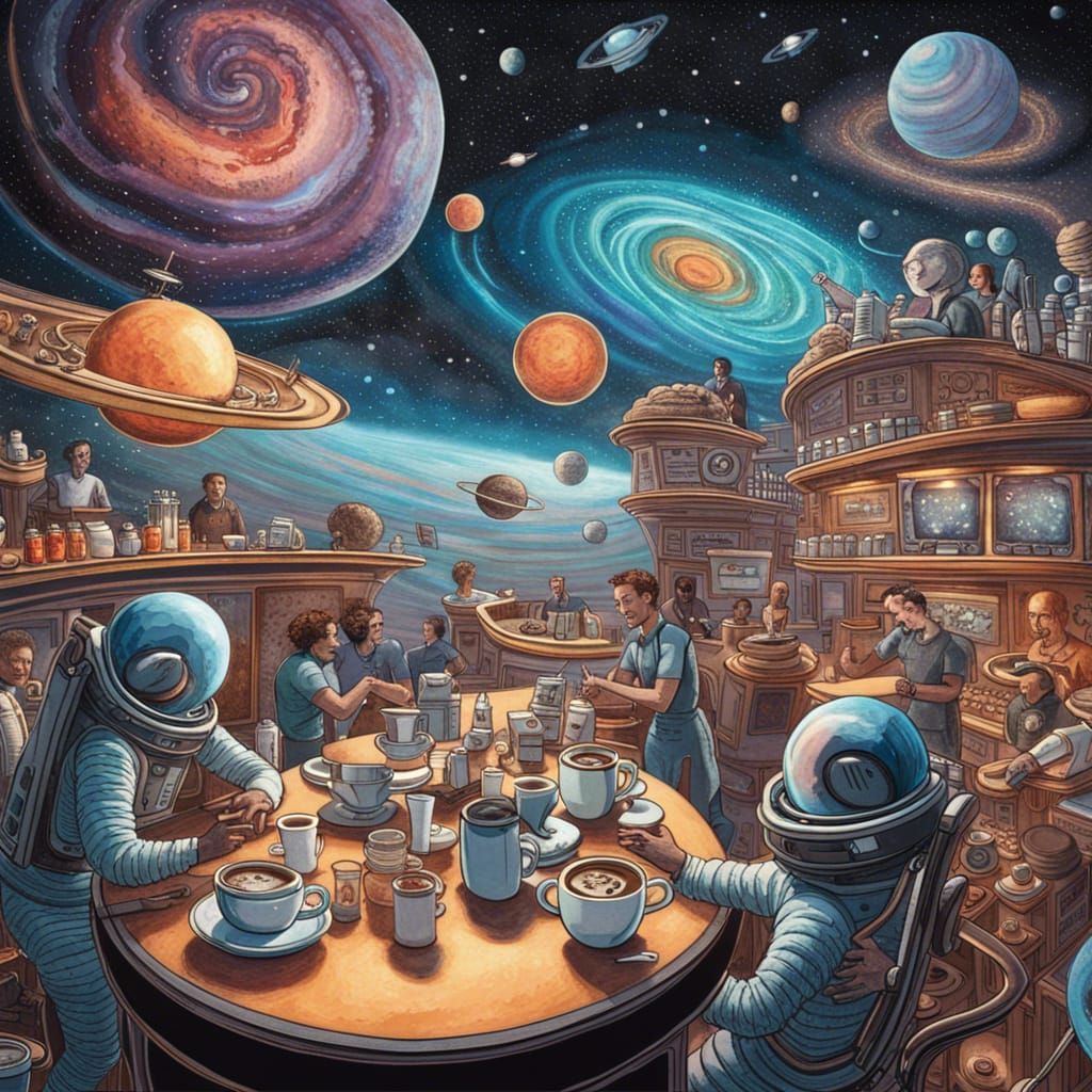 Cosmic Coffee Shop Amidst Swirling Nebulae