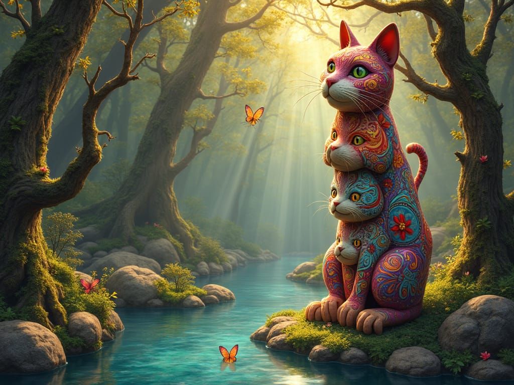 Enchanted Forest Cat Totem Pole in Pop-Surrealist Style