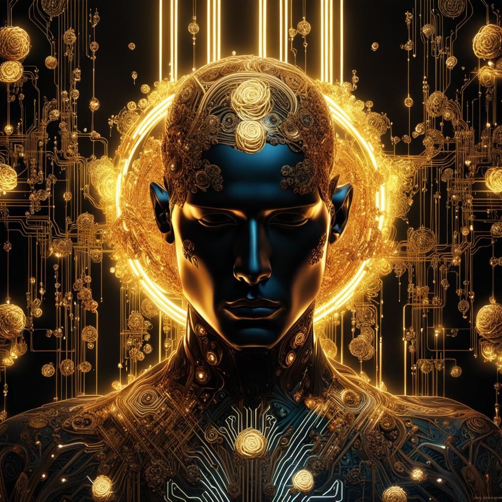 Cybernetic Face with Metal Roses in Digital Art