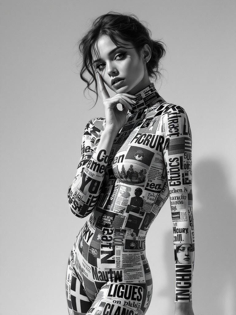 Contemplative Woman in Surreal Graphic Collage