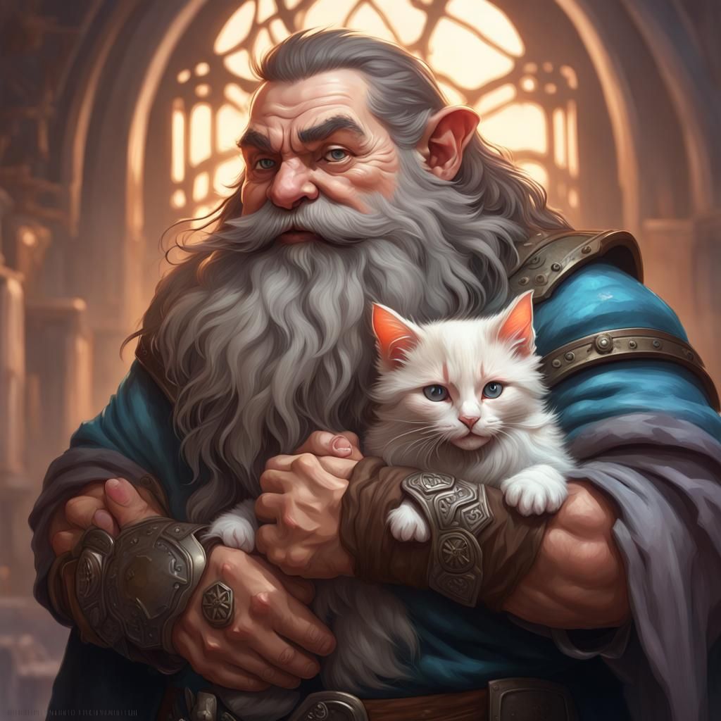 Charming Dwarf Portrait with a Kitten Companion