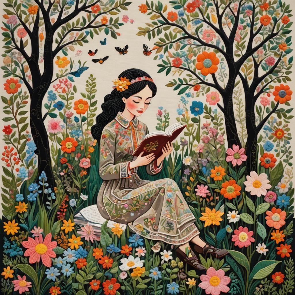 Girl Reading Book in Springtime Embroidery Style