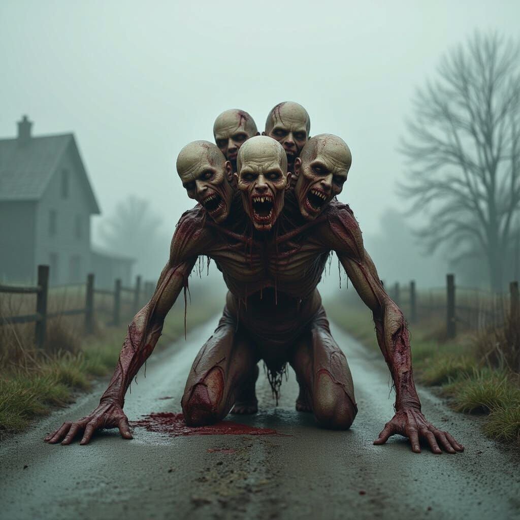 Grotesque Mutated Humanoid Crawls on Farm Road