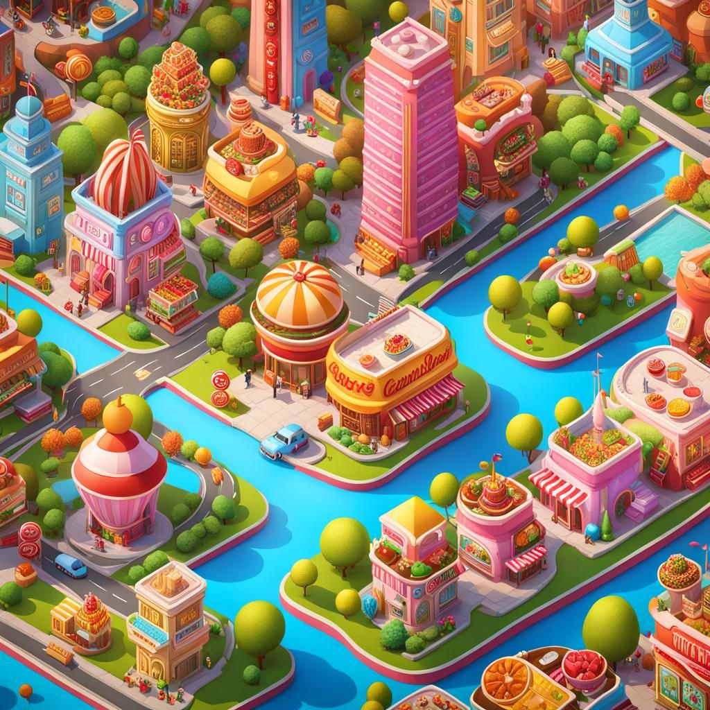 Imaginary Fast Food City in Candy Art Style