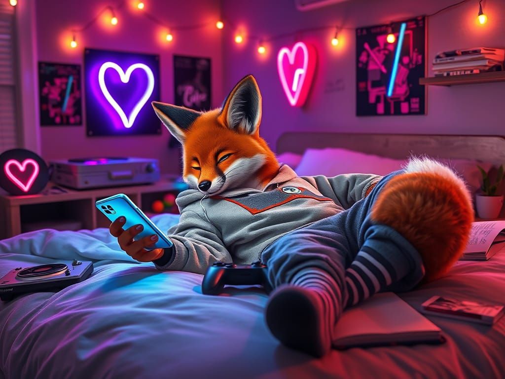 Fox Teenager Relaxing in Cozy Bedroom, Digital Art