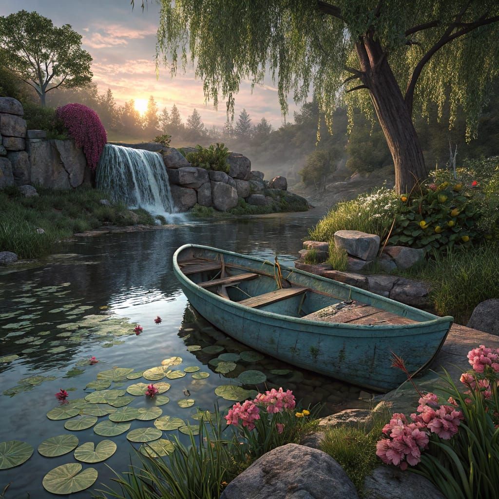 Serene Fantasy Landscape with Rowboat and Flowers